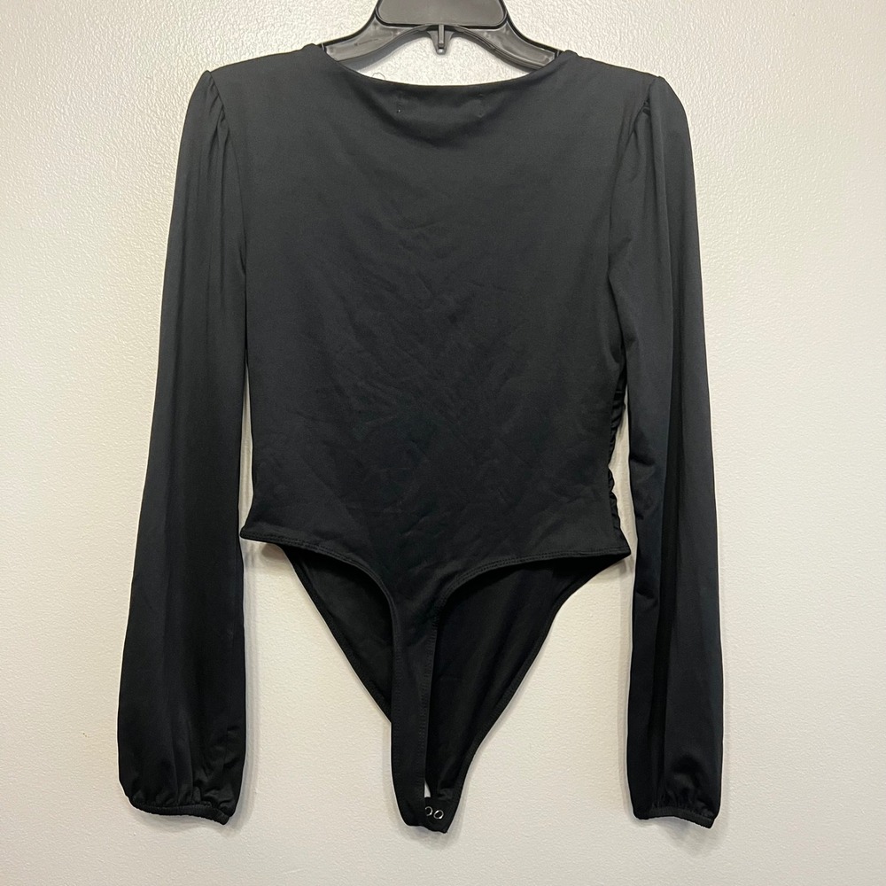 Madden NYC Womens Black Long Sleeve V-Neck Ruched Bodice Bodysuit Size M - Picture 5 of 7